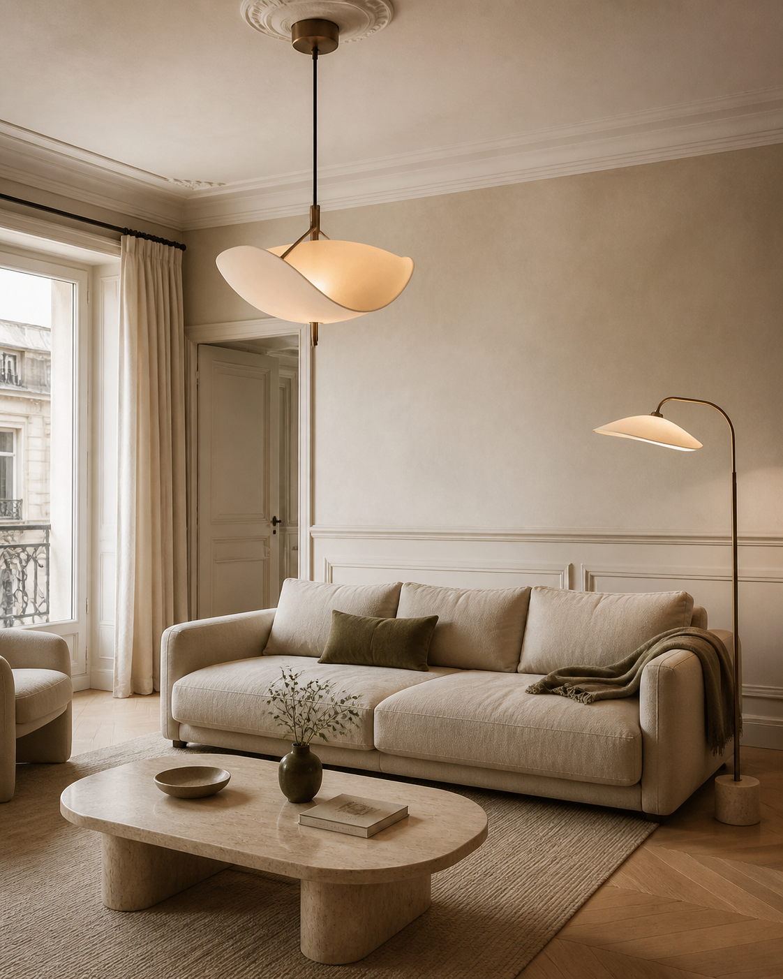 Salon éclairé par un lampadaire et une suspension