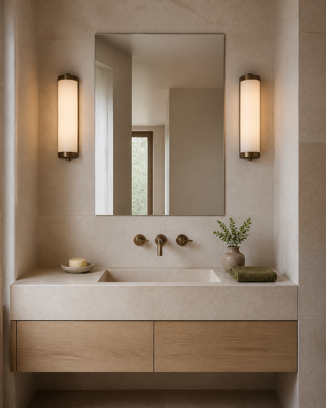 Salle de bains éclairée par deux appliques de part et d’autre du miroir