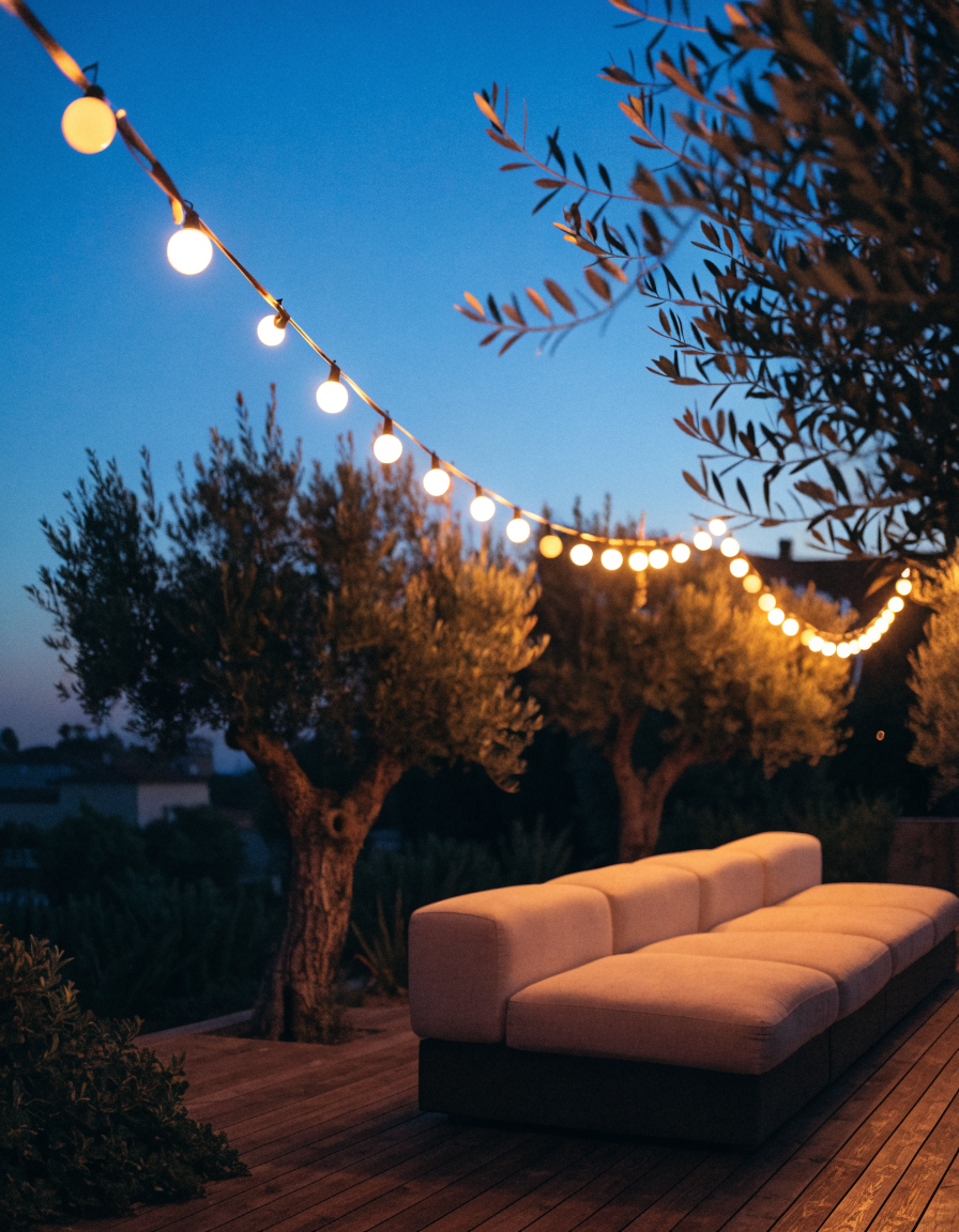 Guirlandes lumineuses au-dessus d'une terrasse