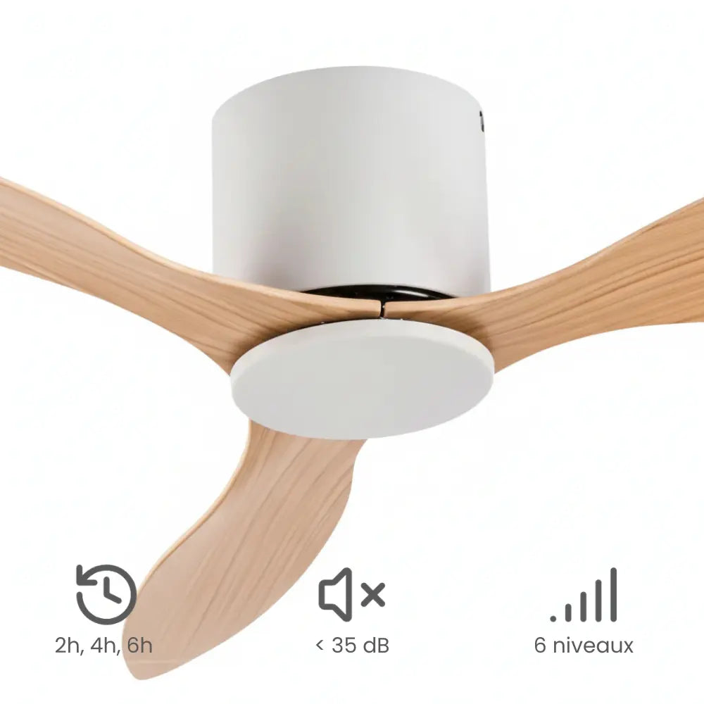 Ventilateur de plafond blanc et bois clair sans éclairage — Cendrier