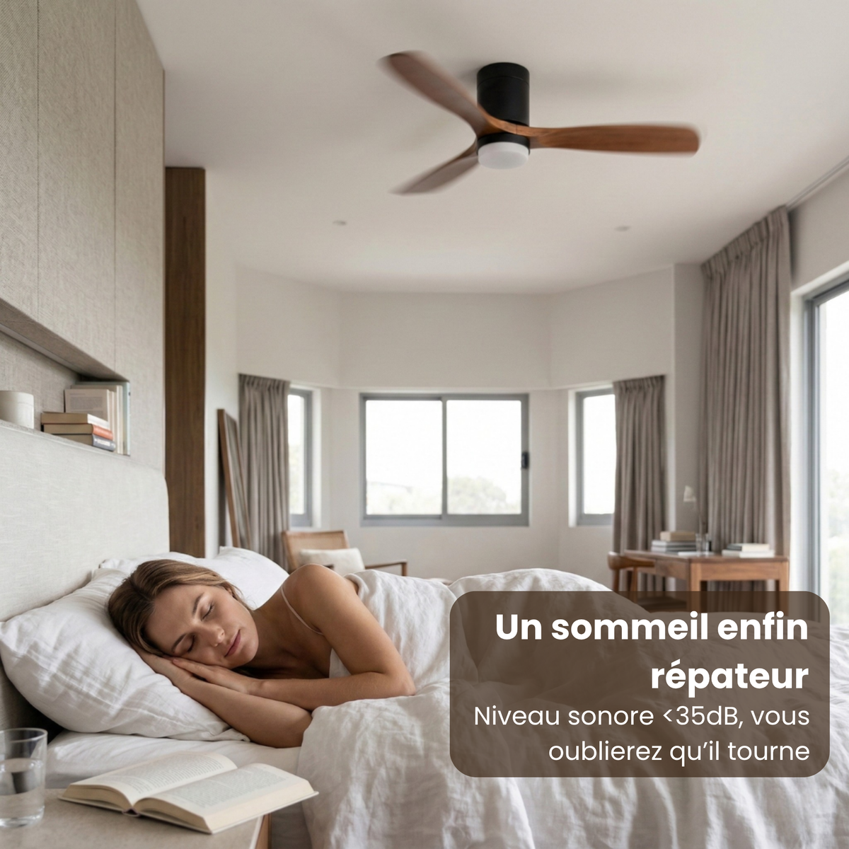 Ventilateur de plafond plat en noyer et cylindre noir mat — Arabesque