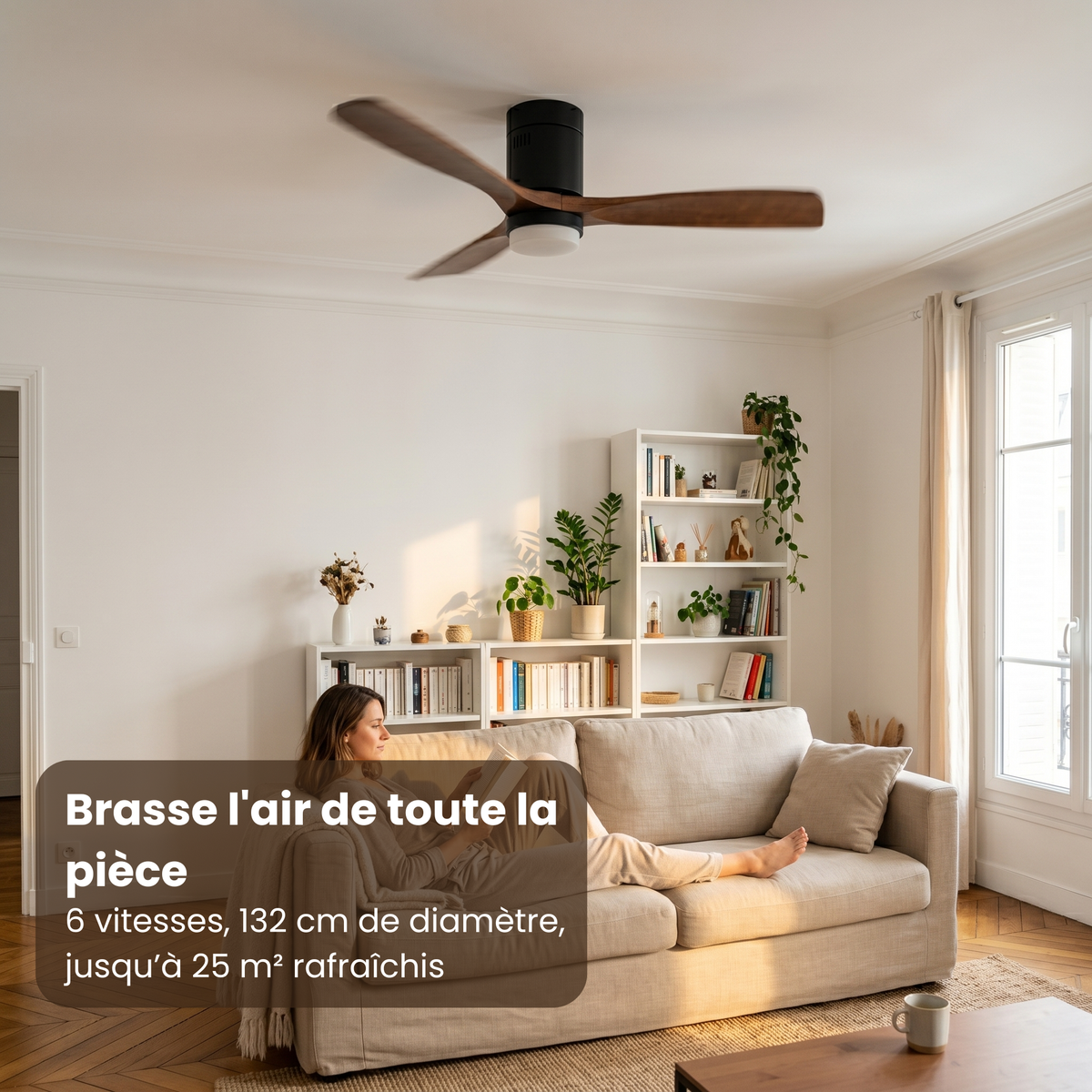Ventilateur de plafond plat en noyer et cylindre noir mat — Arabesque