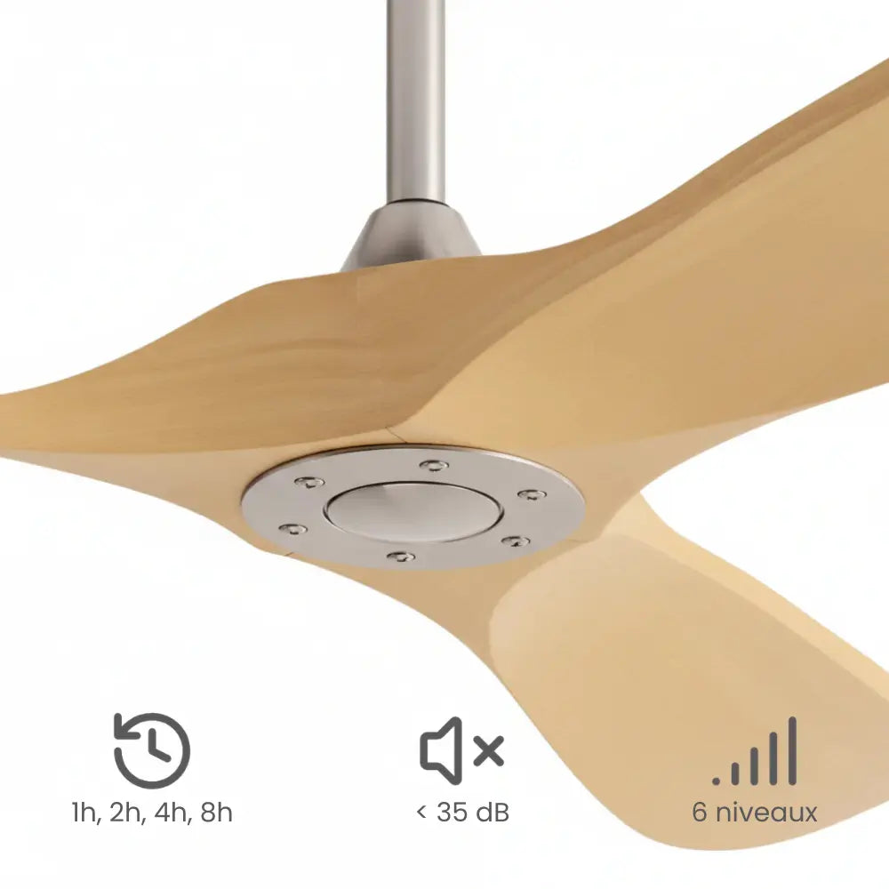 Ventilateur de plafond bois clair et moteur chromé — Cierge
