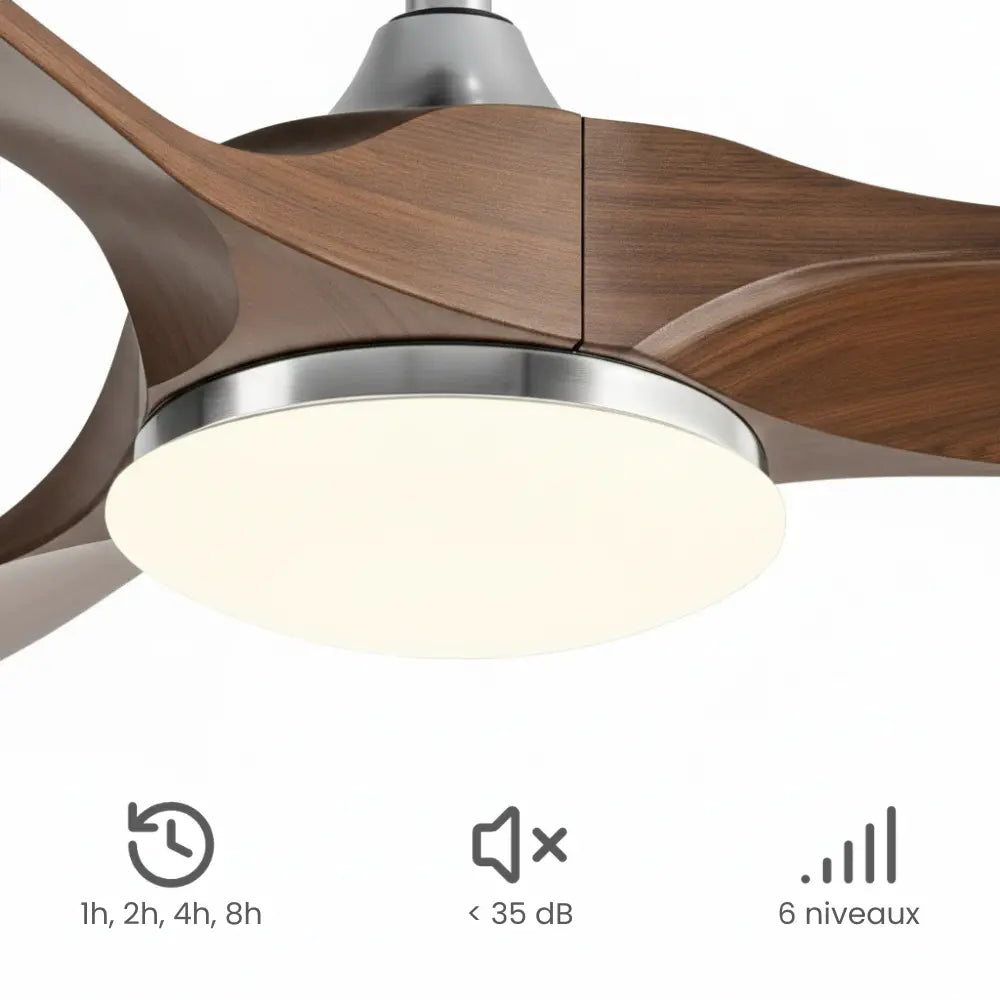 Ventilateur de plafond bois foncé et moteur chromé à LED — Citronnelle