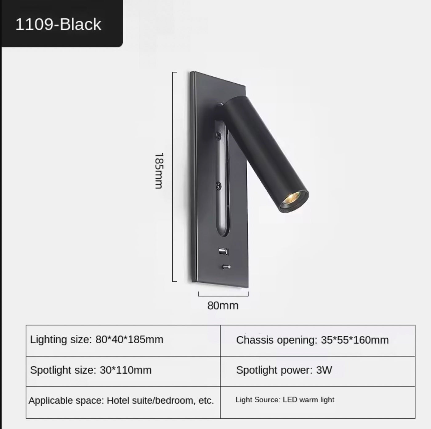 Applique murale intérieure 110-240V 3W avec chargement USB