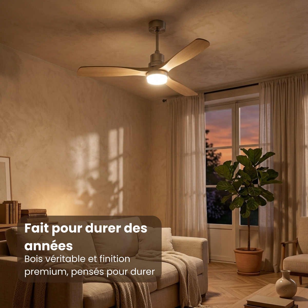 Ventilateur de plafond en bois clair et nickel brossé avec LED — Agave