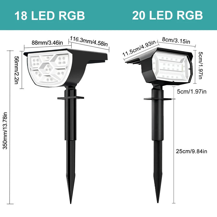 20/18LEDs RVB Lumière Solaire Extérieur Paysage Projecteurs Changement de Couleur 2 En 1 Sans Fil Étanche Lampe Murale Solaire Patio Jardin