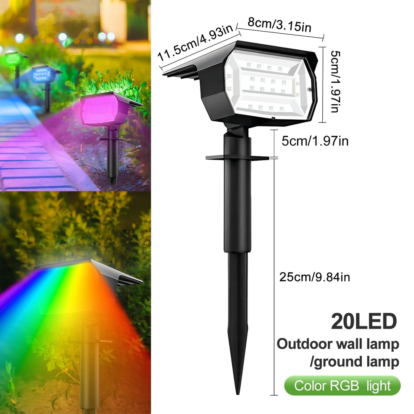 20/18LEDs RVB Lumière Solaire Extérieur Paysage Projecteurs Changement de Couleur 2 En 1 Sans Fil Étanche Lampe Murale Solaire Patio Jardin