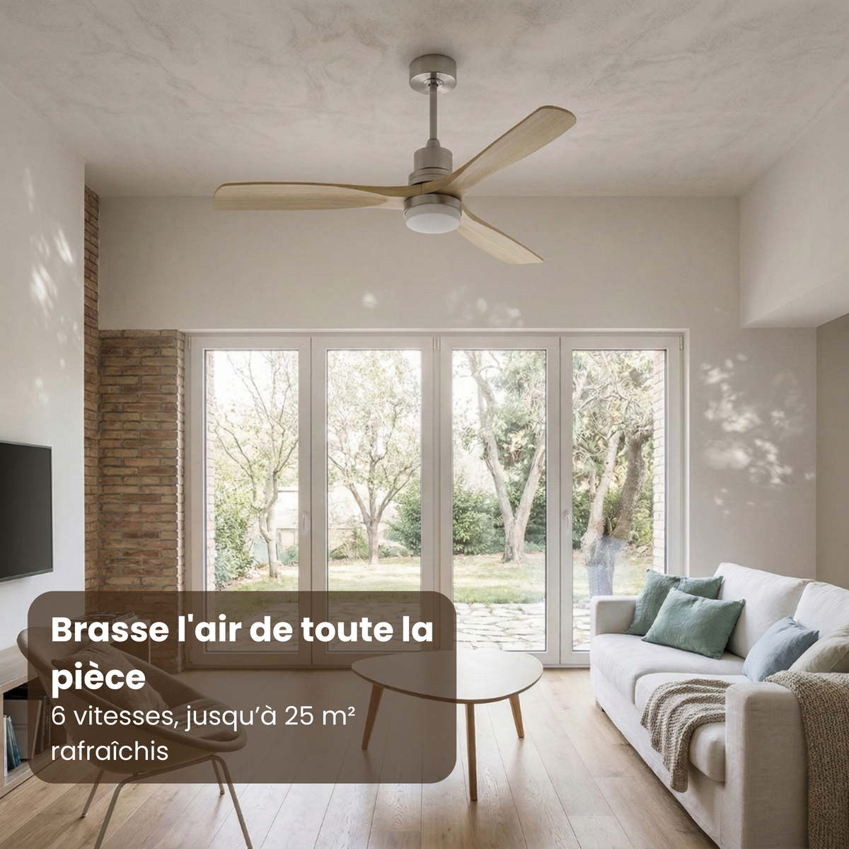 Ventilateur de plafond en bois clair et nickel brossé avec LED — Agave
