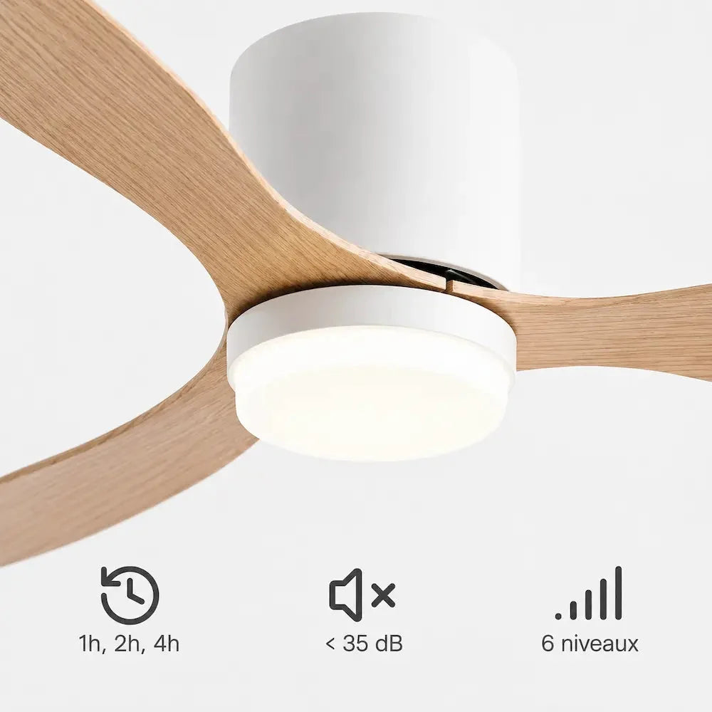 Ventilateur de plafond plat bois clair avec lampe intégrée — Chaumine