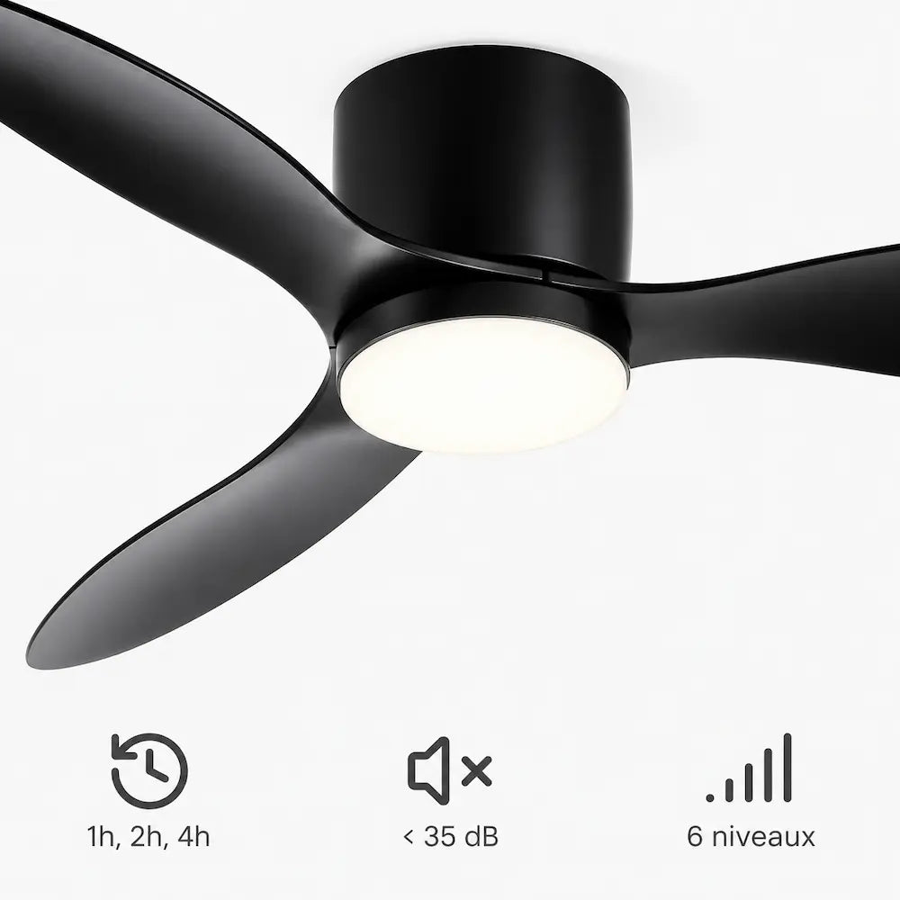 Ventilateur de plafond noir à pales plates et LED intégrée — Chicorée