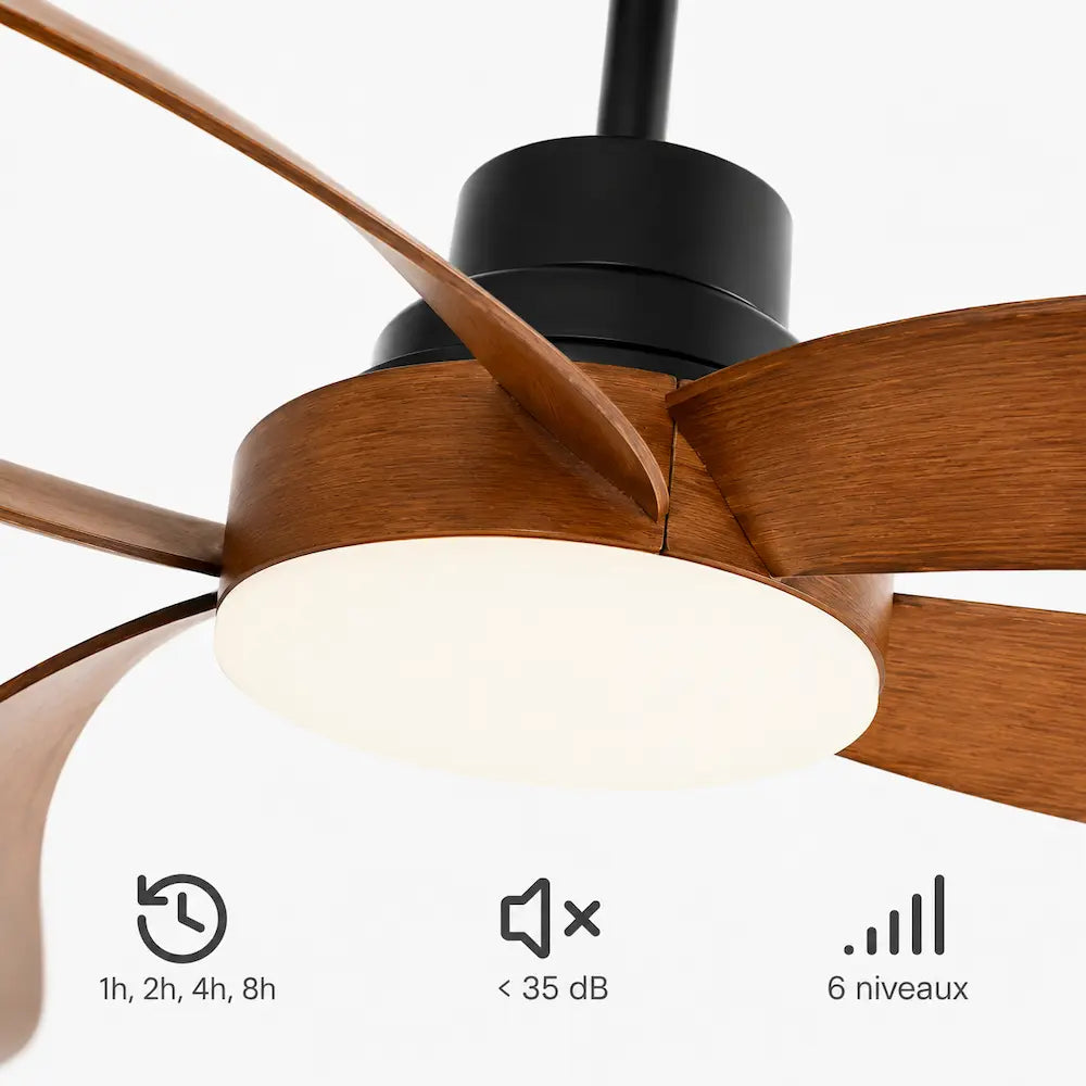 Ventilateur de plafond LED à pales ajourées en bois — Camélia