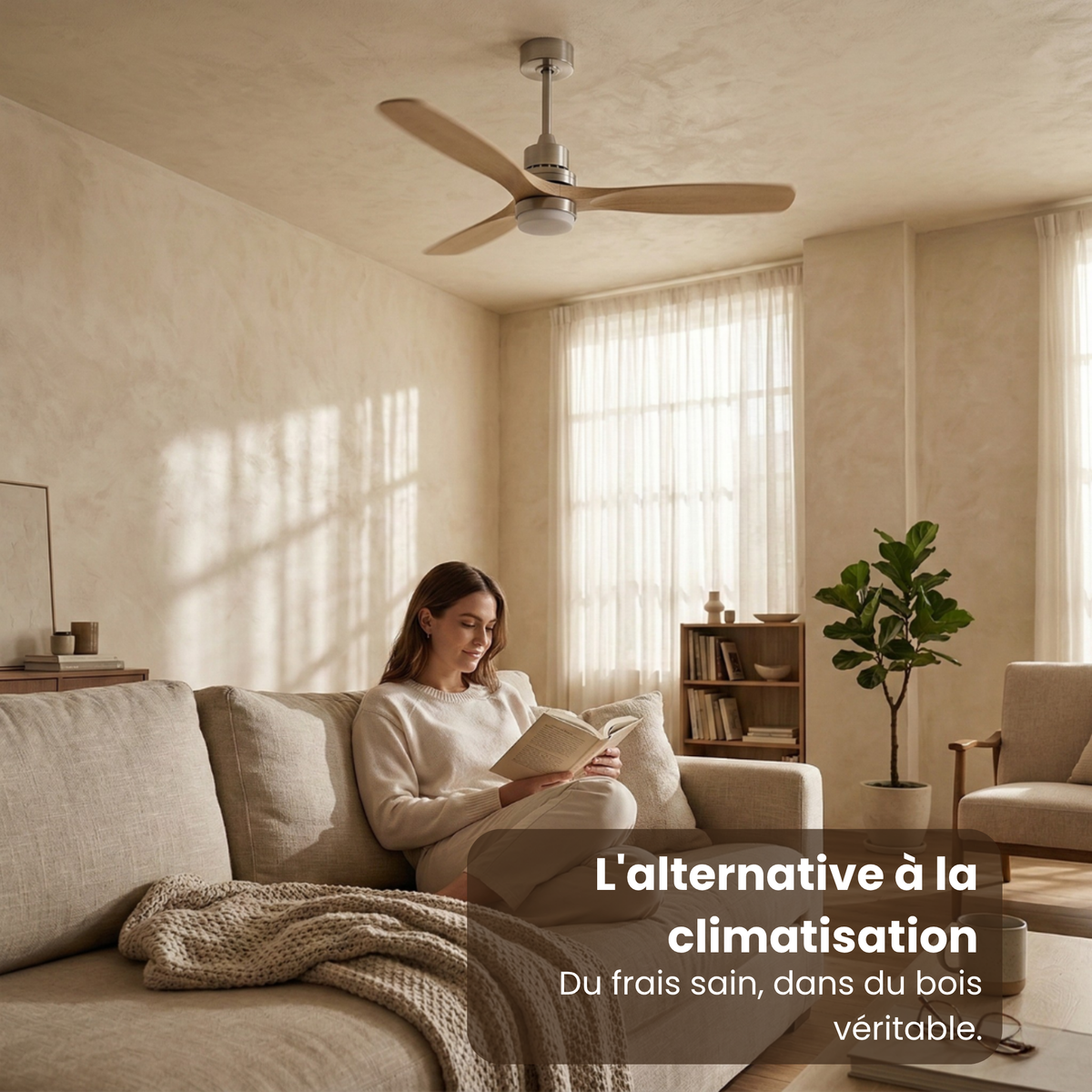 Ventilateur de plafond en bois clair et nickel brossé avec LED — Agave