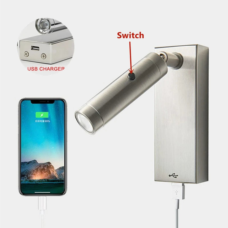 3W LED Applique murale de lecture avec interrupteur DC5V USB Port de charge chevet 350 degrés Rotation chambre hôtel tête de lit appliques lumière