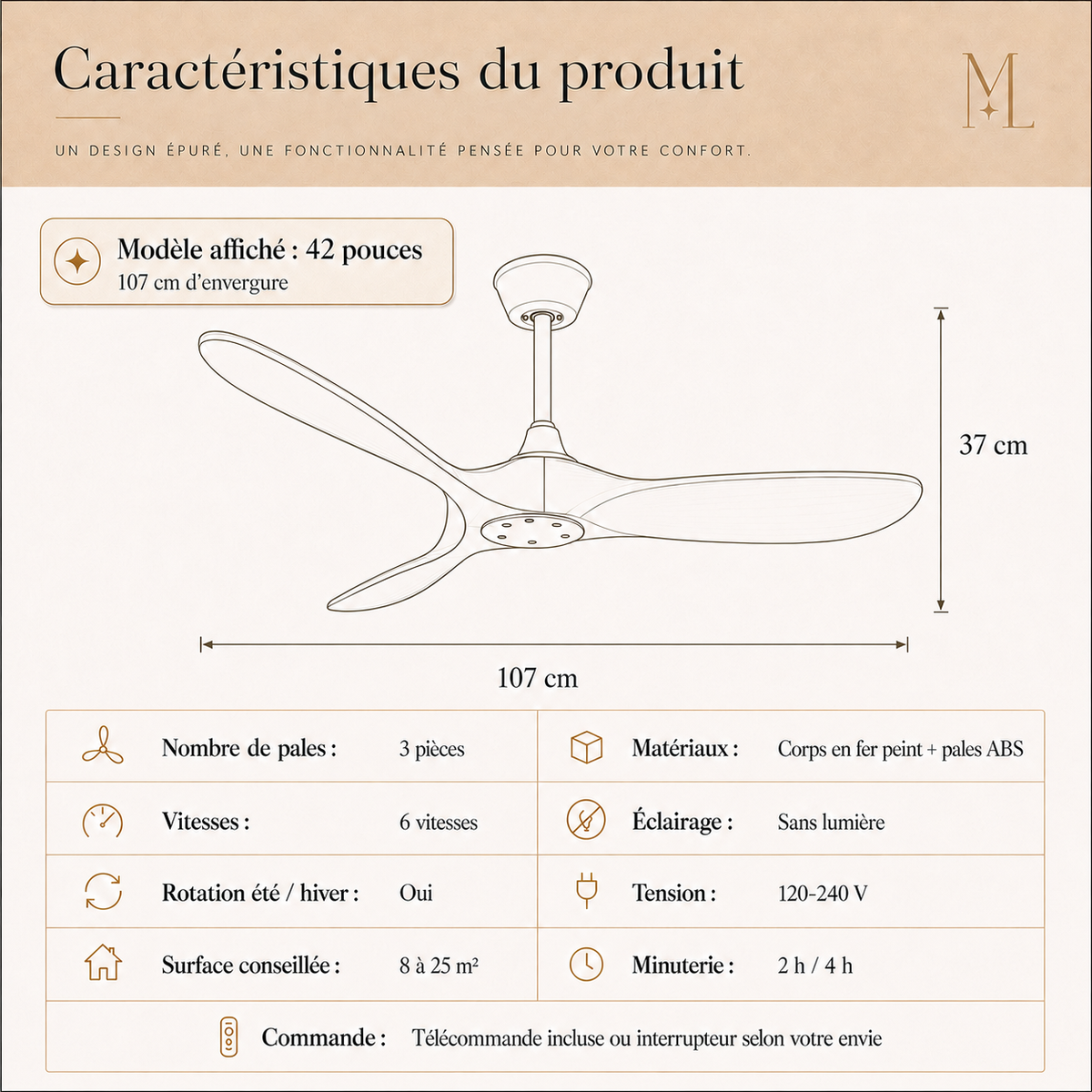 Ventilateur de plafond à trois pales d’aspect bois — Estampe