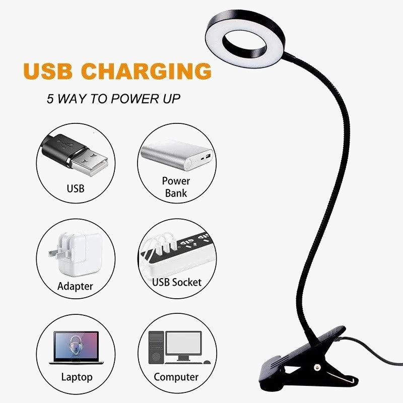 48 LED lampe de bureau pince USB livre lumière chevet 360 ° Flexible Protection des yeux col de cygne lampe de lecture luminosité réglable 3 niveaux