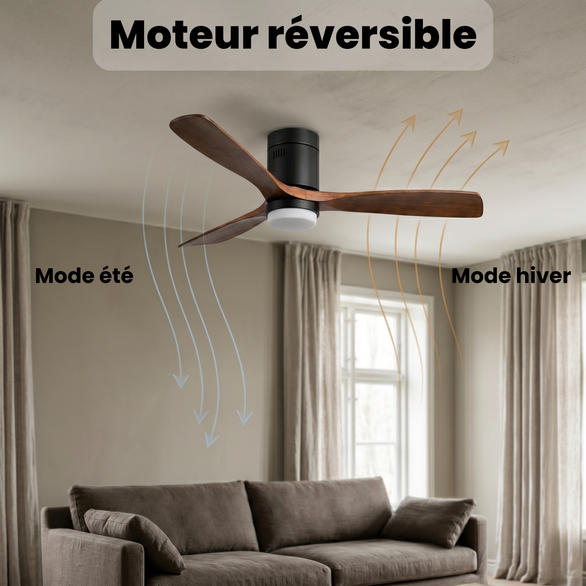 Ventilateur de plafond plat en noyer et cylindre noir mat — Arabesque