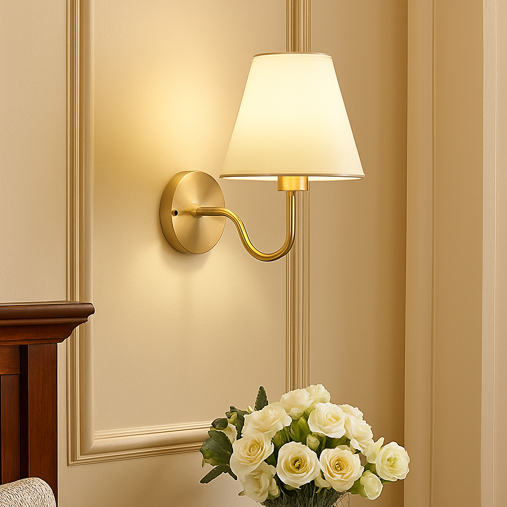 5/12W American Fabric Wall Lamp Modern Gold LED E27 Bulb Cloth Lampshade Wall Light for Hotel Bedroom Bedside Decoration Sconces