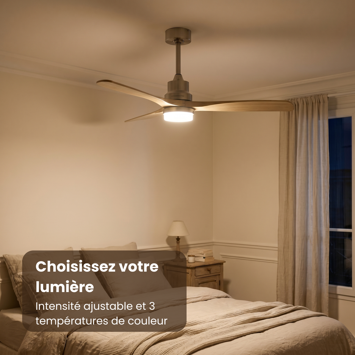 Ventilateur de plafond en bois clair et nickel brossé avec LED — Agave