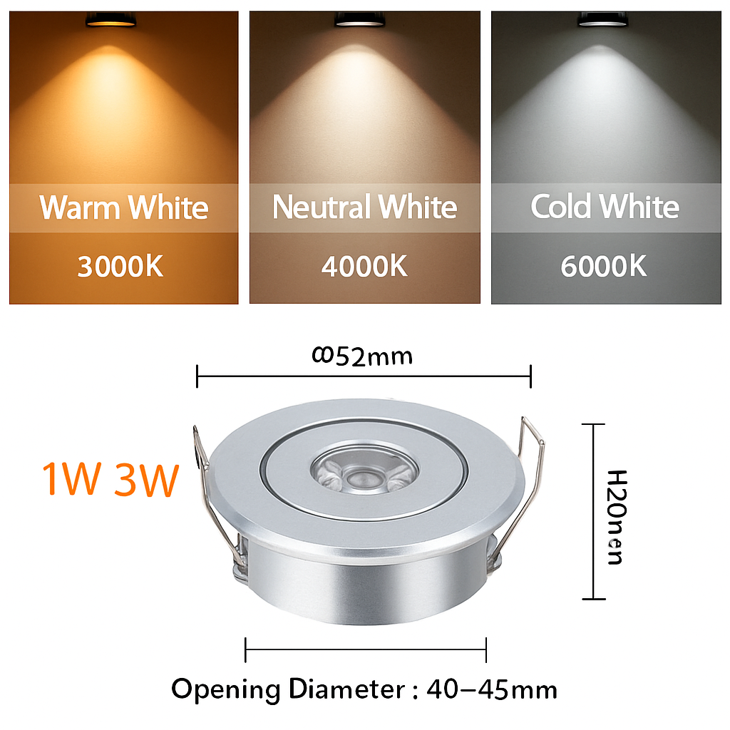 6 pièces Led Mini lumière vers le bas 3W 1W Dimmable Spot lumières encastrées AC85-265V plafonnier en aluminium 52mm