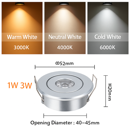 6 pièces Led Mini lumière vers le bas 3W 1W Dimmable Spot lumières encastrées AC85-265V plafonnier en aluminium 52mm