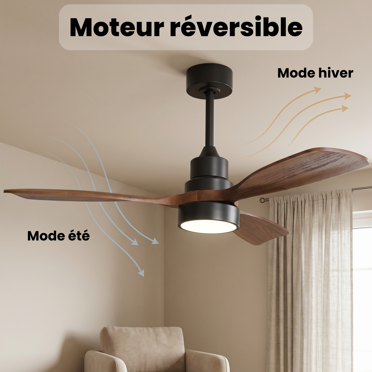 Ventilateur de plafond compact 122 cm en noyer et noir mat — Arcade