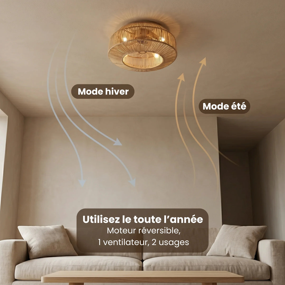 Ventilateur de plafond dôme en rotin tressé à pales cachées — Amarante
