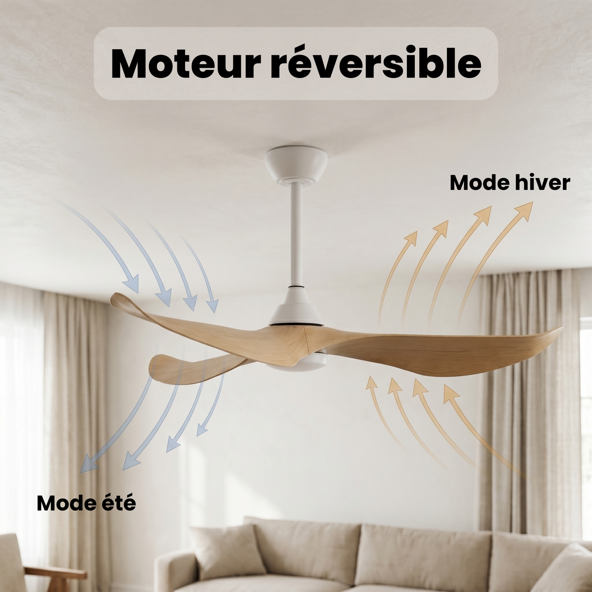 Ventilateur de plafond blanc mat à trois pales en bois clair — Anis