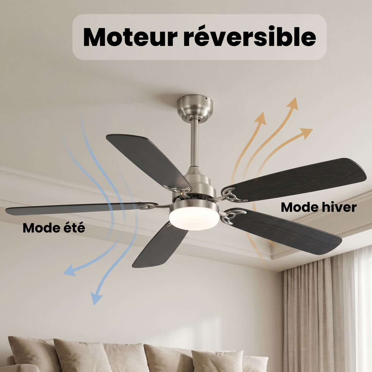 Ventilateur de plafond cinq pales sombres et corps nickel brossé — Airelle