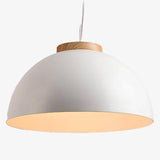 Suspension demi boule blanche en métal et base en bois
