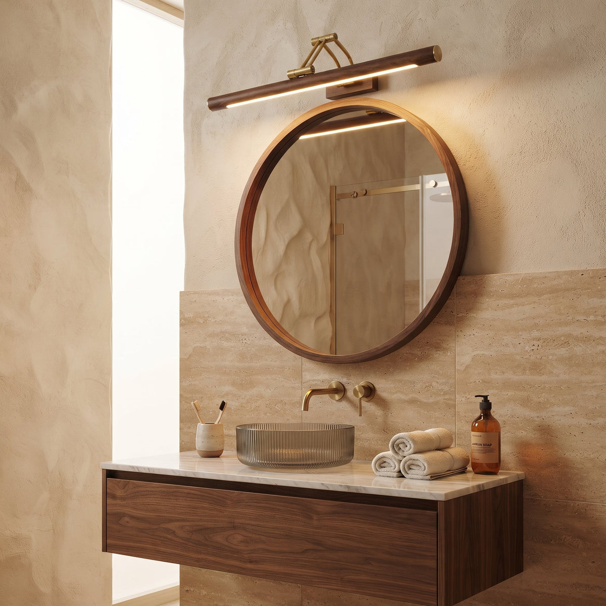 Applique de miroir LED en barre de bois et laiton doré — Barbeau