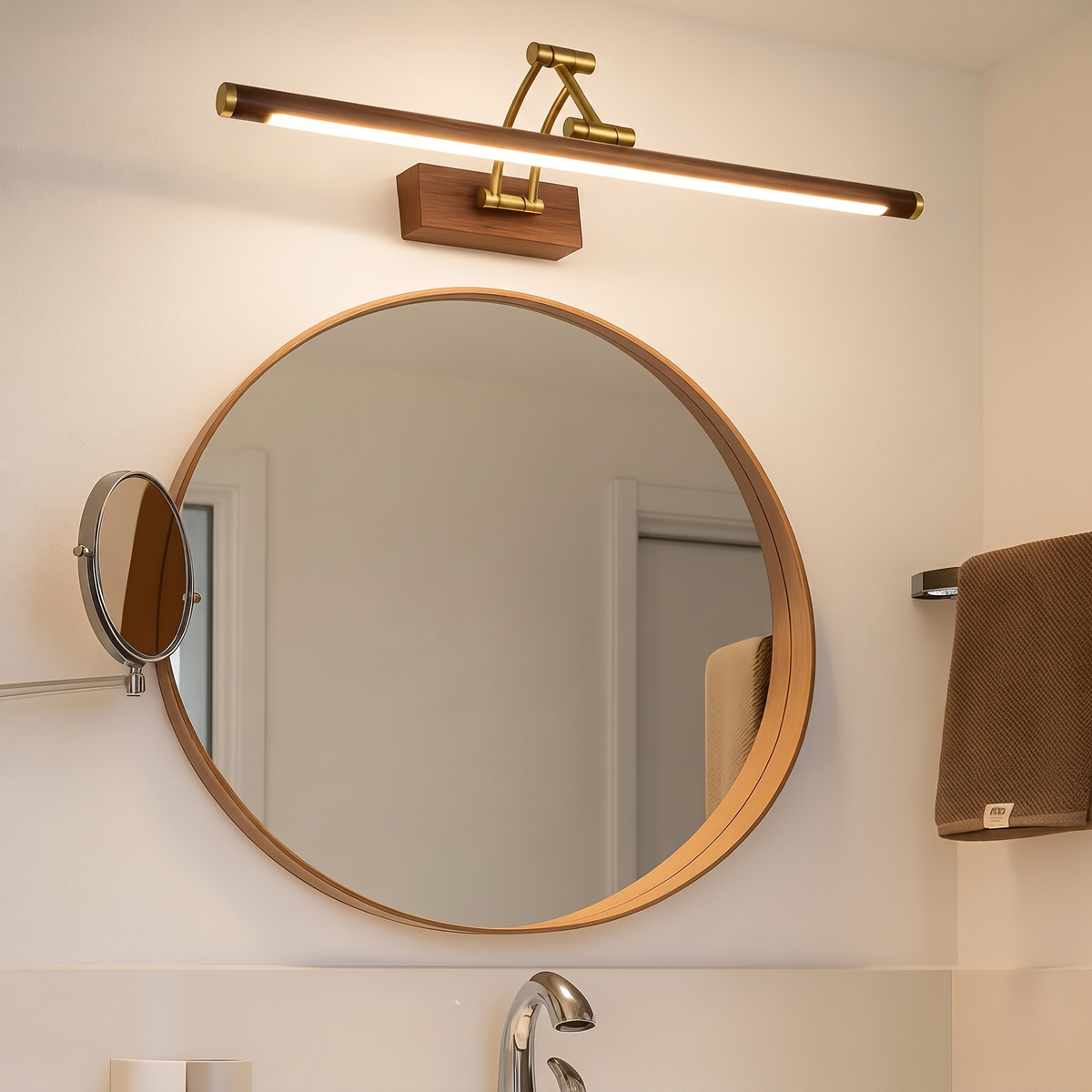 Applique de miroir LED en barre de bois et laiton doré — Barbeau