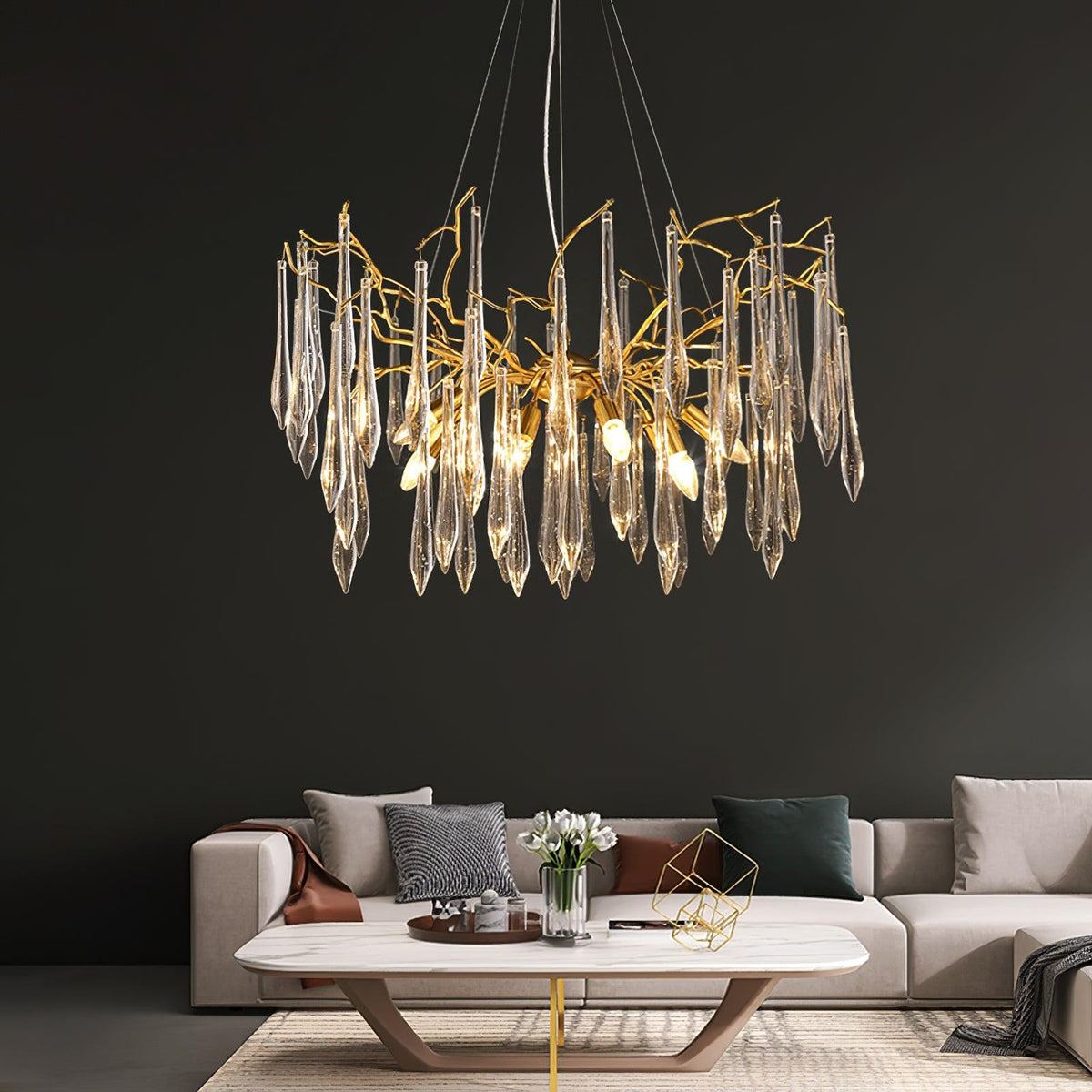 Lustre circulaire doré à tubes de verre soufflé suspendus — Mascaret