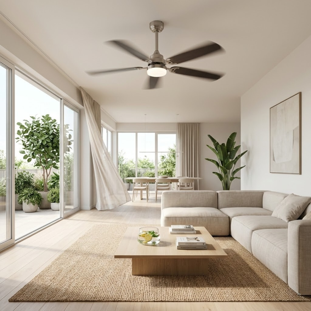Ventilateur de plafond cinq pales sombres et corps nickel brossé — Airelle