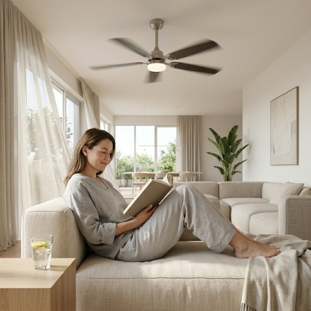 Ventilateur de plafond cinq pales sombres et corps nickel brossé — Airelle