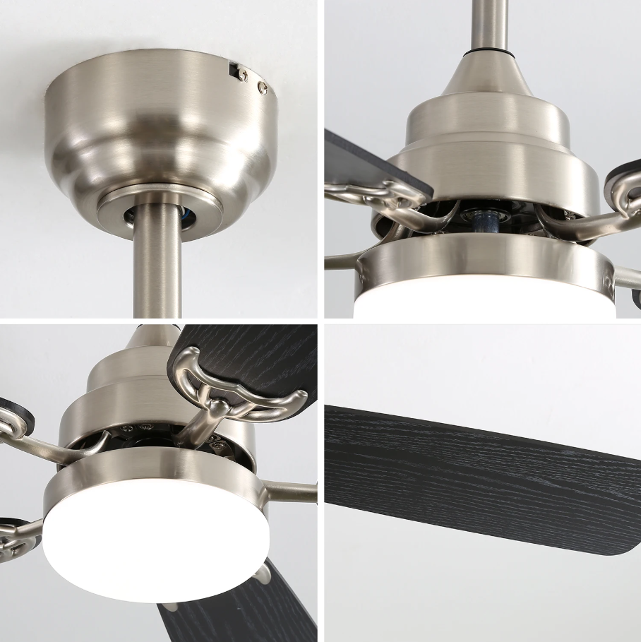 Ventilateur de plafond cinq pales sombres et corps nickel brossé — Airelle