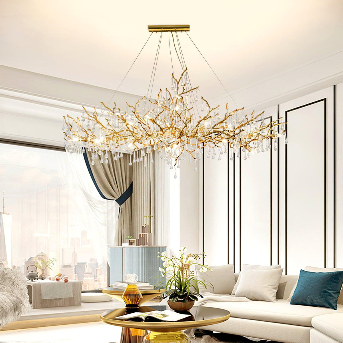 Lustre linéaire à branches de laiton et pampilles de cristal — Matelas