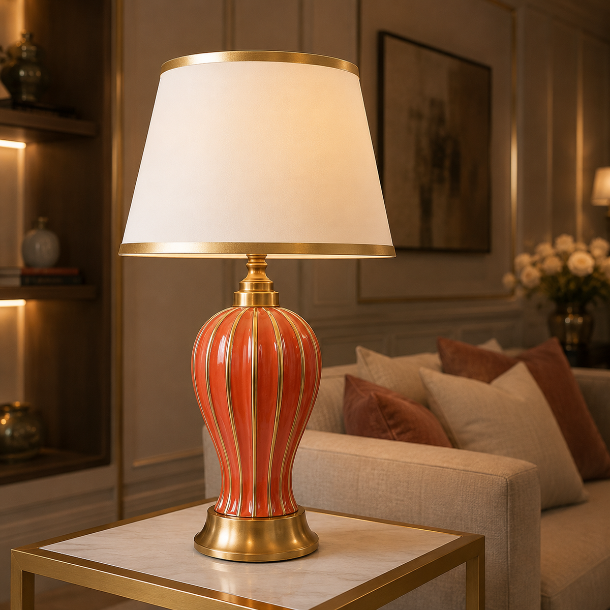 Lampe à poser en céramique à pied cannelé et abat-jour plissé — Éphémère