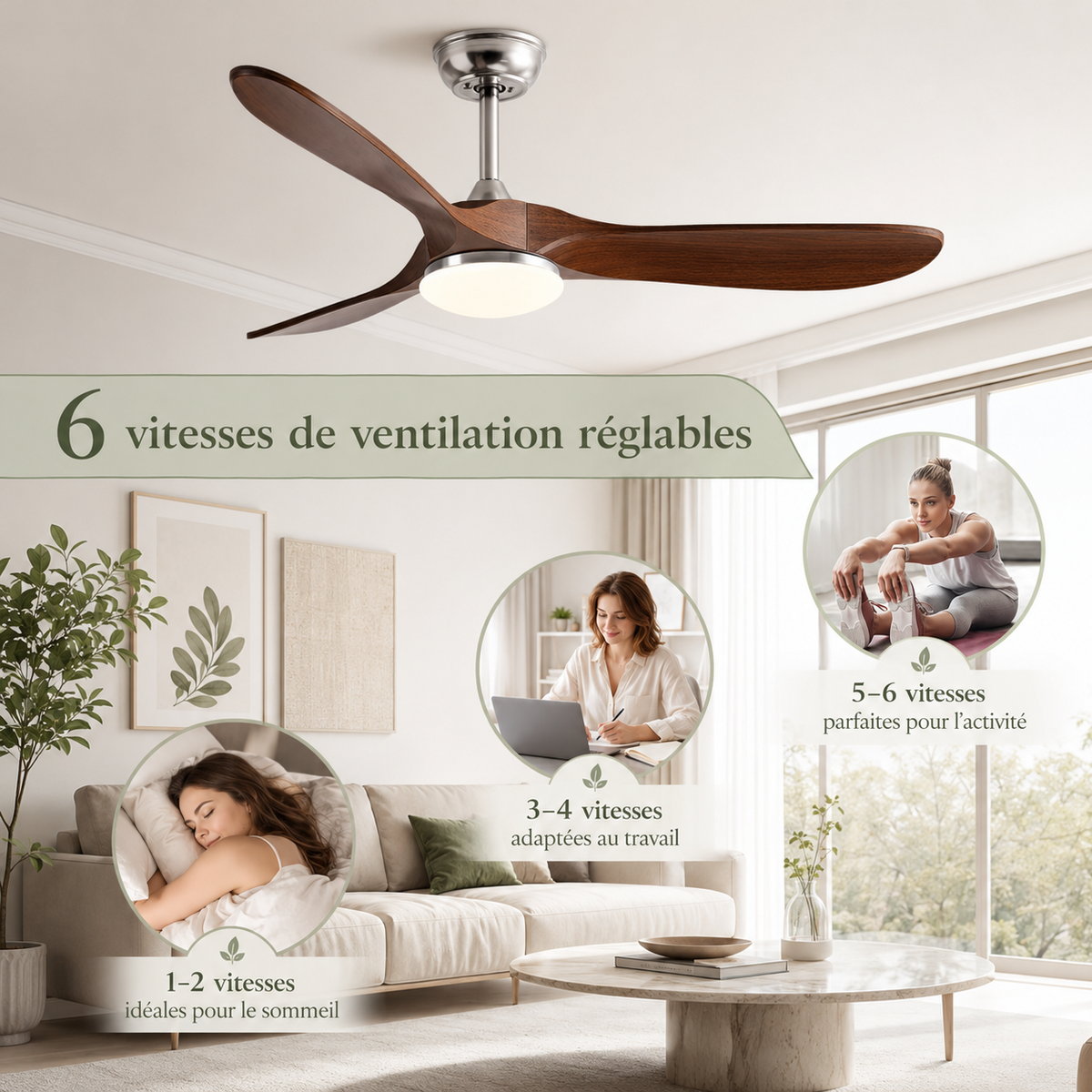 Ventilateur de plafond à pales hélice en bois et moteur DC silencieux — Faneuse
