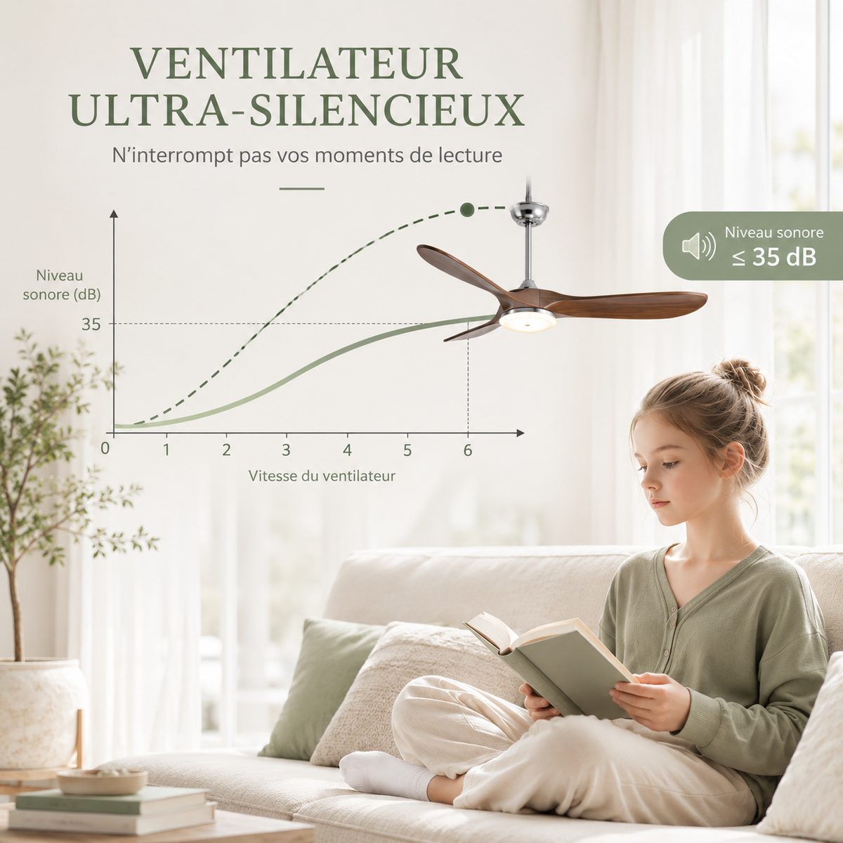 Ventilateur de plafond à pales hélice en bois et moteur DC silencieux — Faneuse