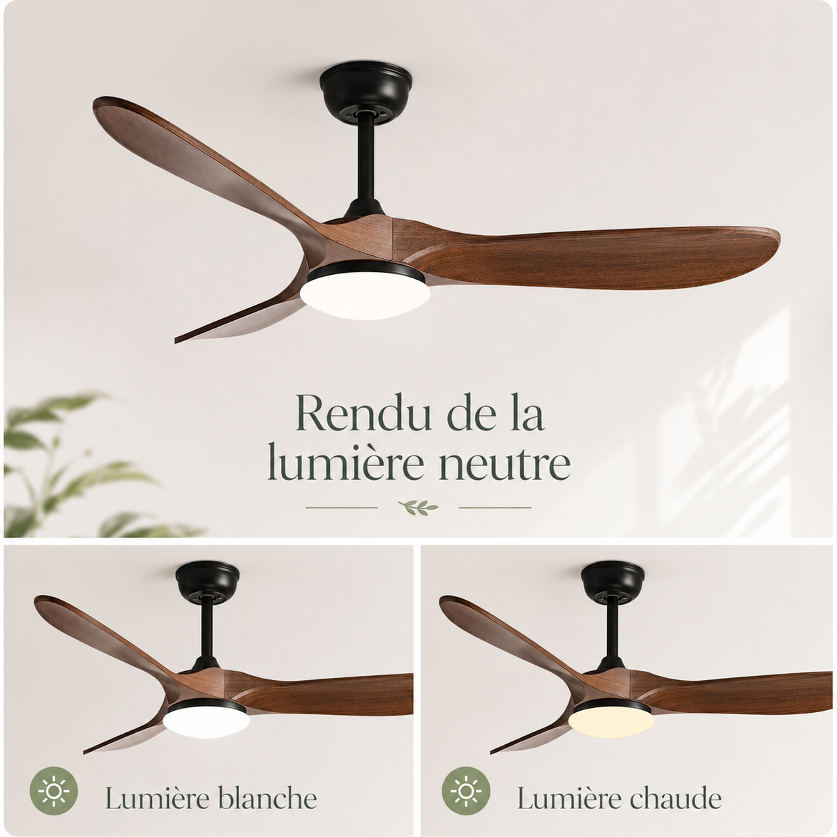Ventilateur de plafond à pales hélice en bois et moteur DC silencieux — Faneuse