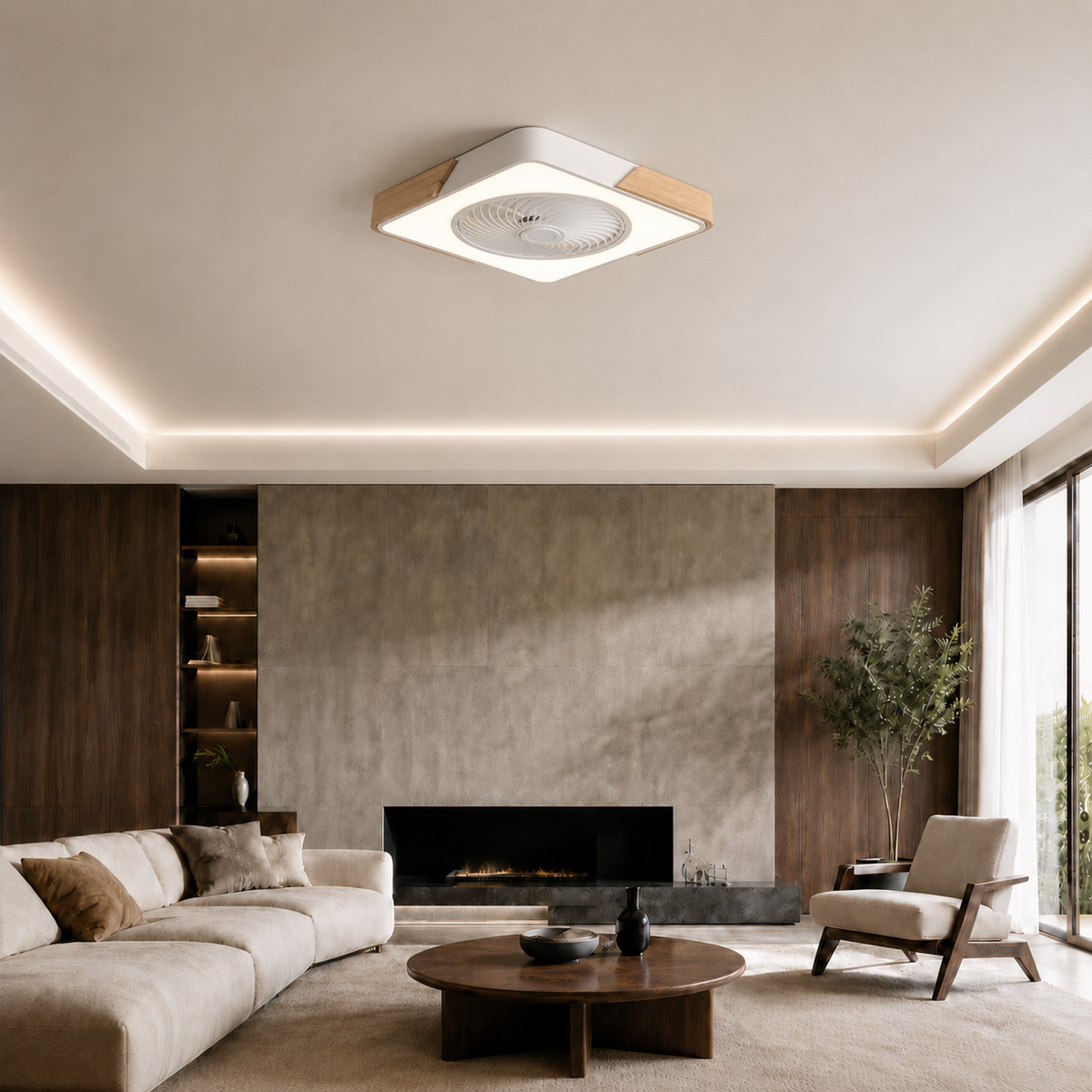 Ventilateur de plafond plat blanc et bois avec anneau LED — Fanal