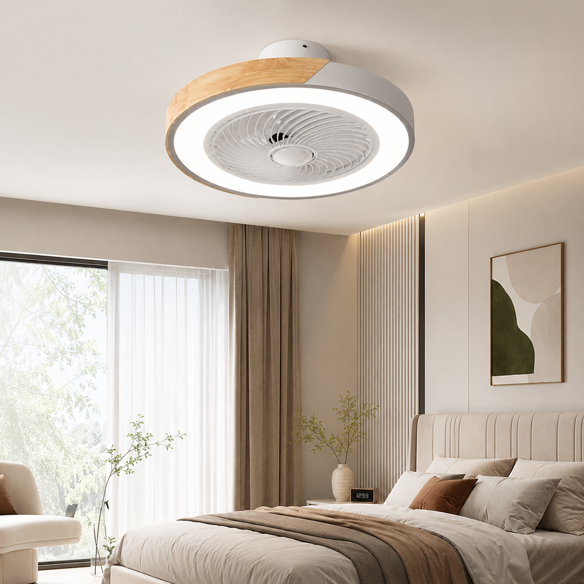 Ventilateur de plafond plat blanc et bois avec anneau LED — Fanal