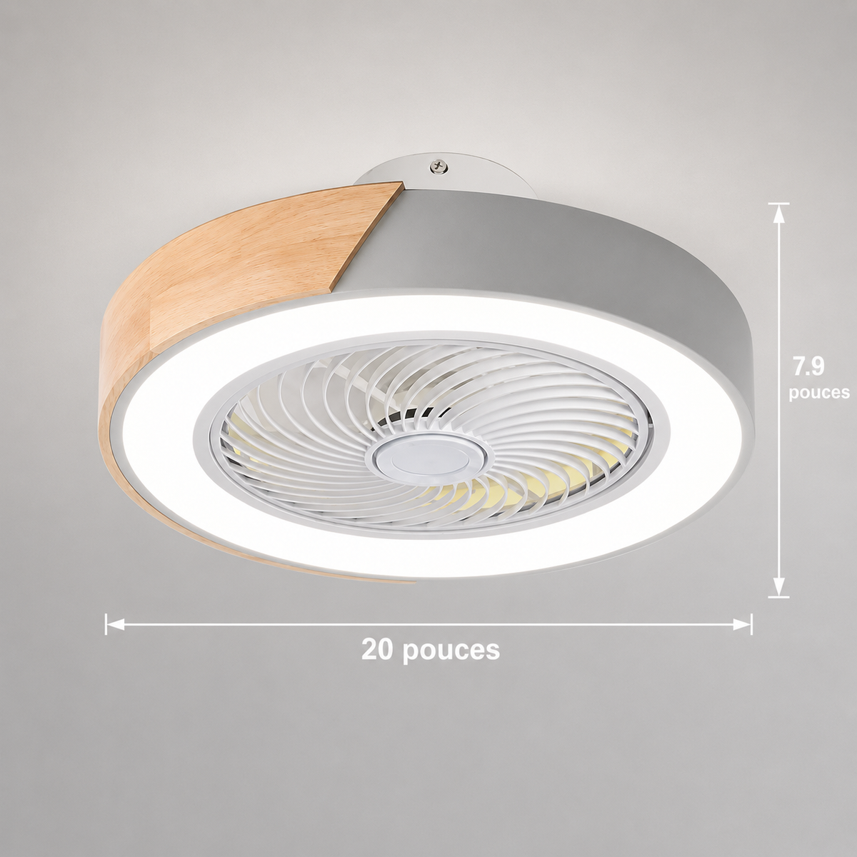 Ventilateur de plafond plat blanc et bois avec anneau LED — Fanal