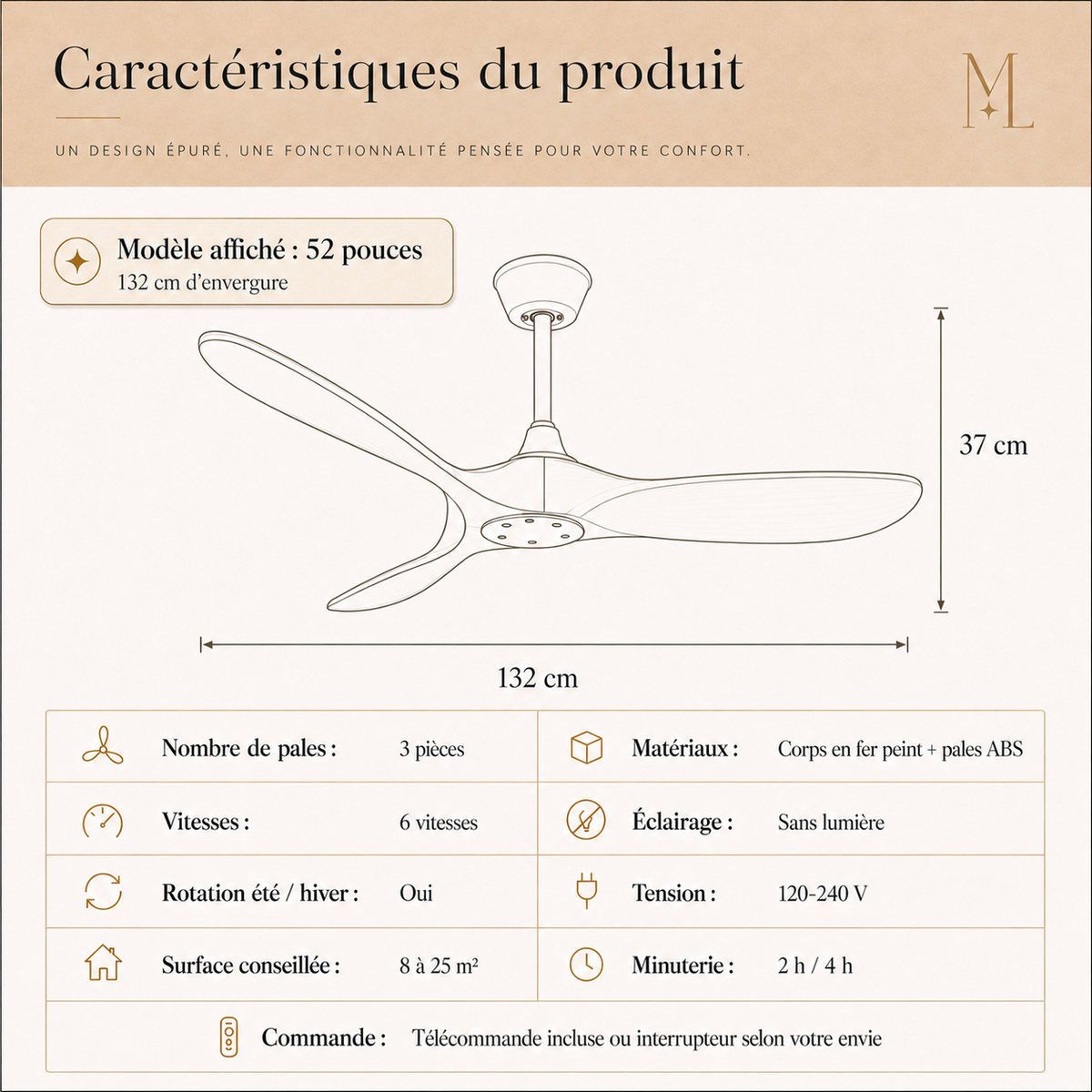 Ventilateur de plafond à trois pales d’aspect bois — Estampe