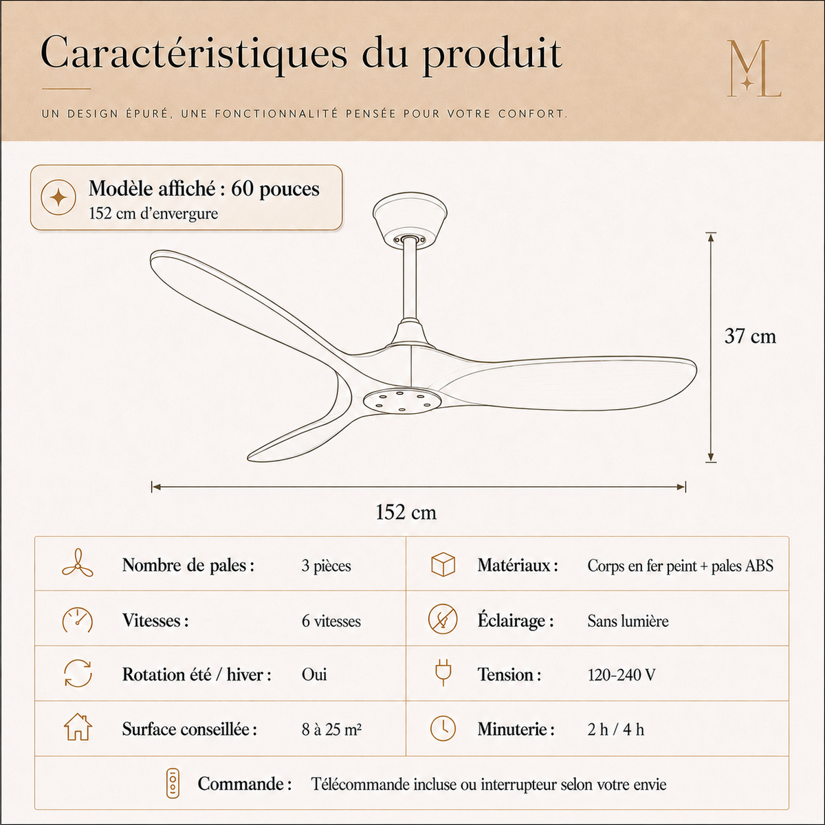 Ventilateur de plafond à trois pales d’aspect bois — Estampe