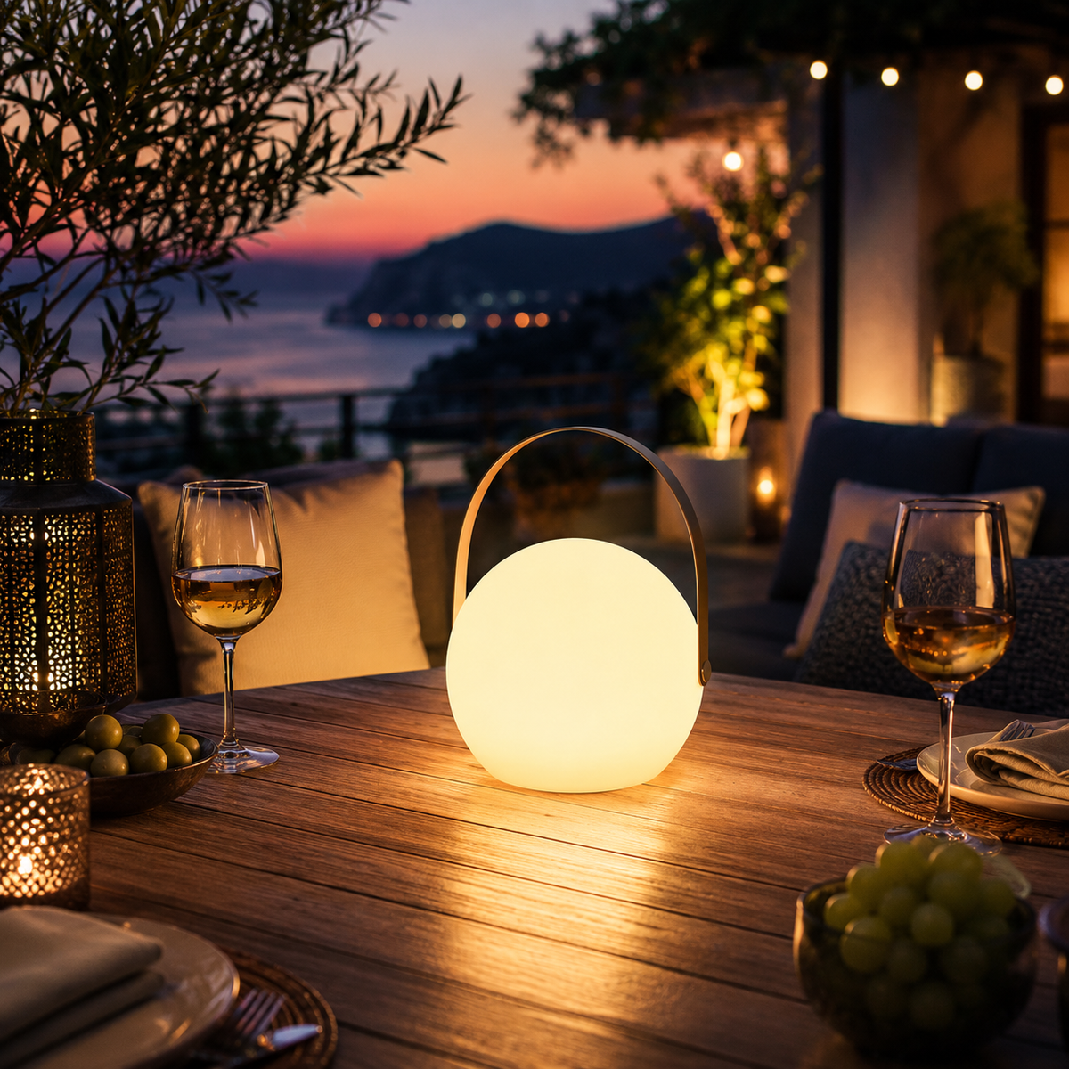 Lampe sans fil à poser pour terrasse, corps blanc et anse — Épervière