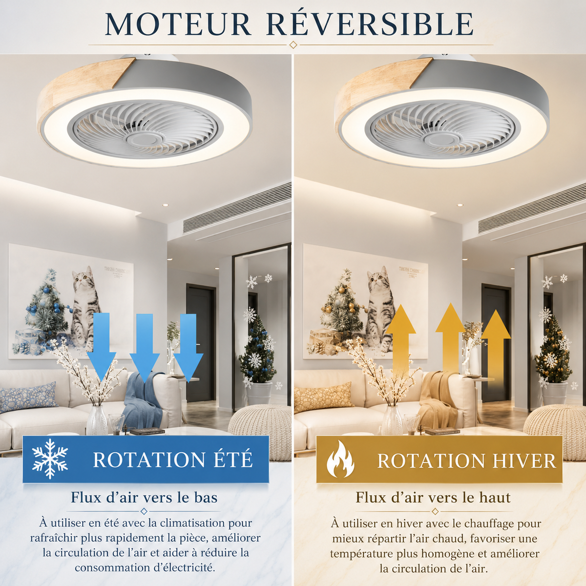 Ventilateur de plafond plat blanc et bois avec anneau LED — Fanal