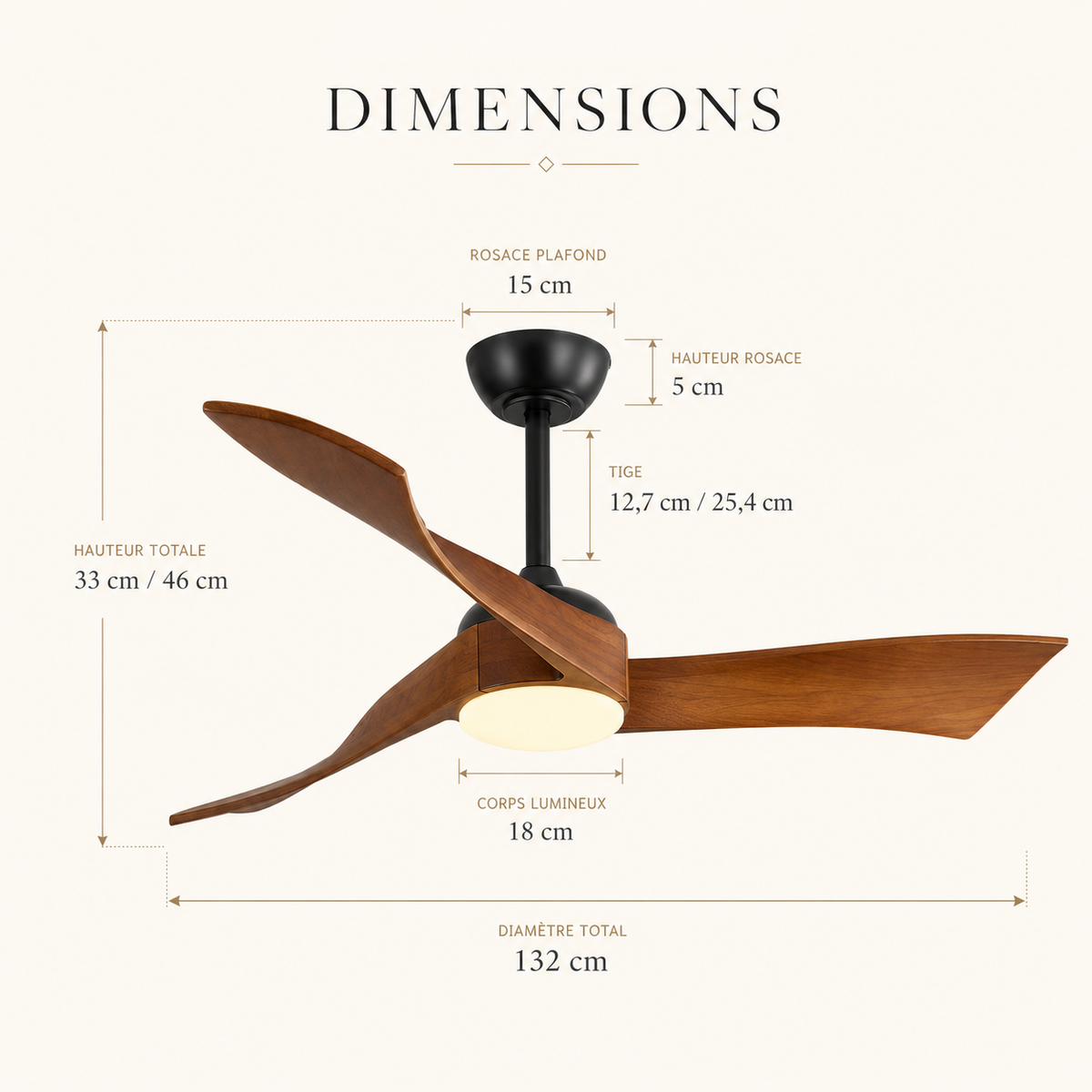 Ventilateur de plafond à trois pales en bois avec LED centrale — Étoupe