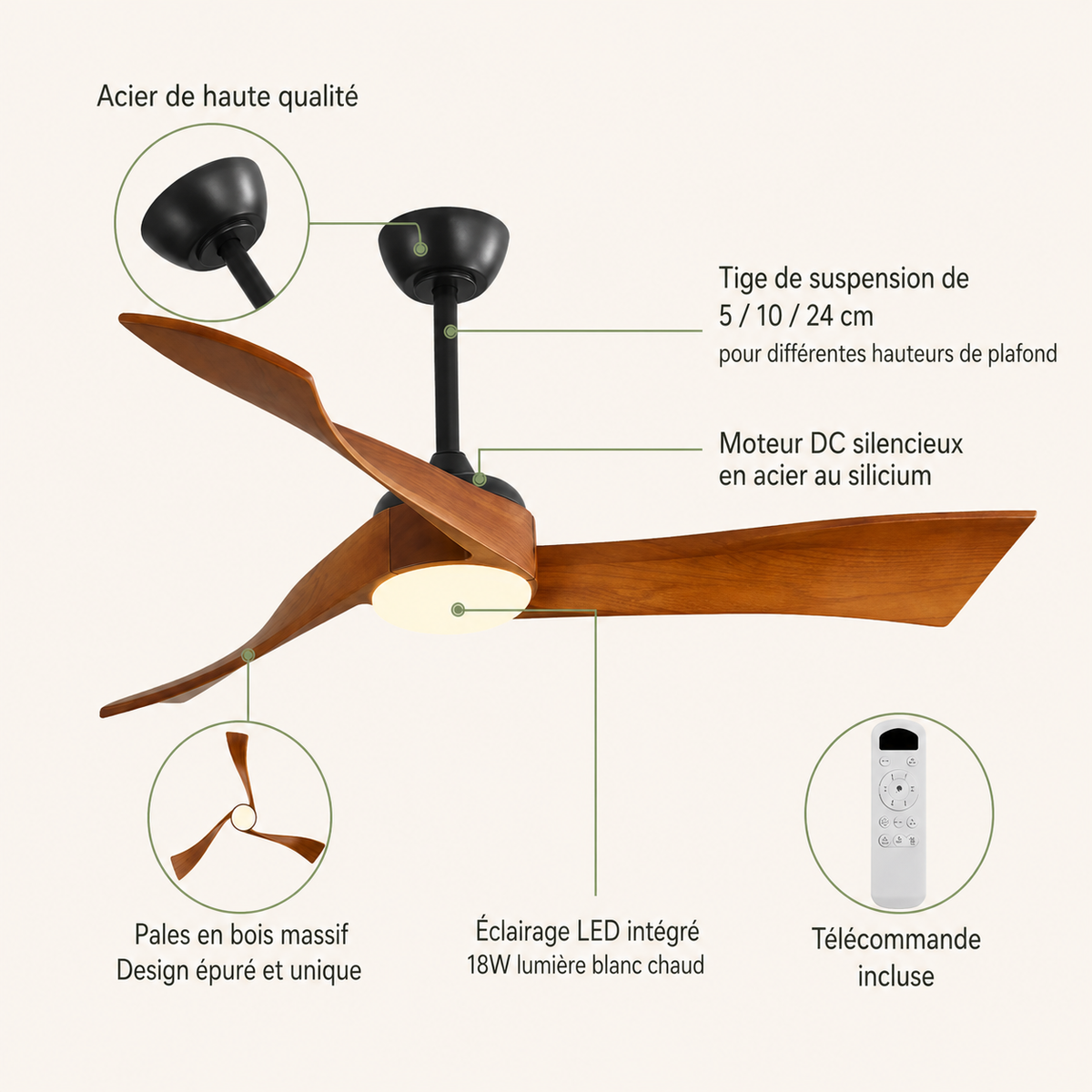 Ventilateur de plafond à trois pales en bois avec LED centrale — Étoupe